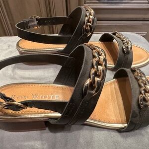 Ron White Sandal, black with gold chain accents, size 41